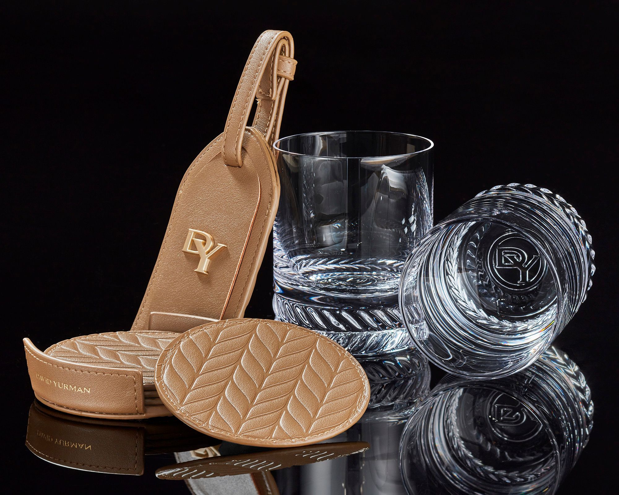 Branded merchandise created by Twelve for David Yurman; Custom branded luggage tag, glassware, and coasters