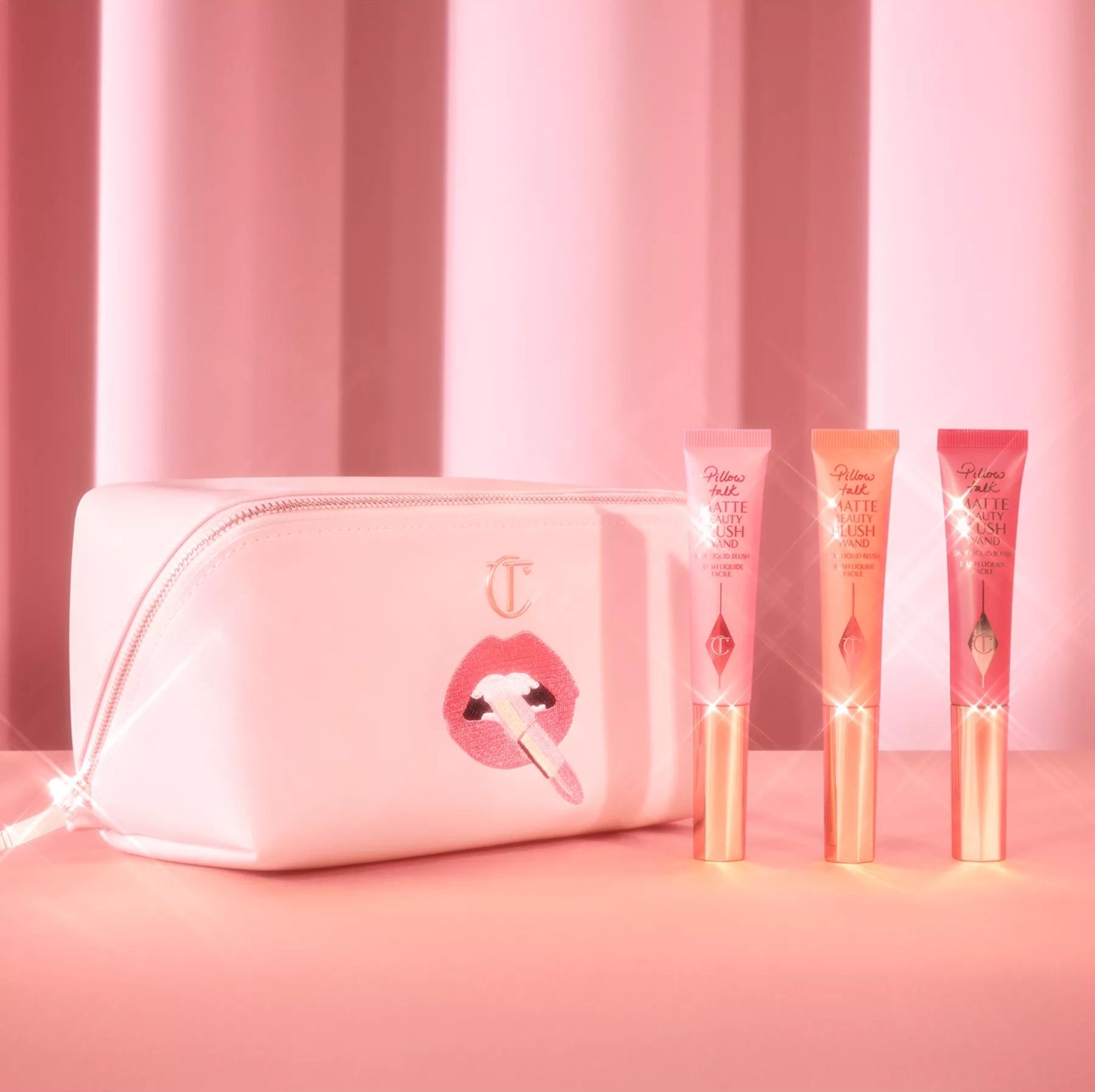 Branded merchandise created by Twelve for Charlotte Tilbury Beauty; pink custom branded beauty pouch